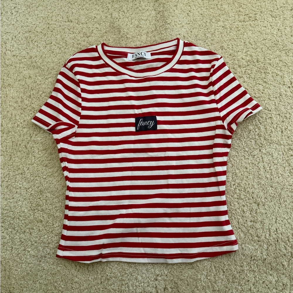 Striped Red and White Tee with Logo